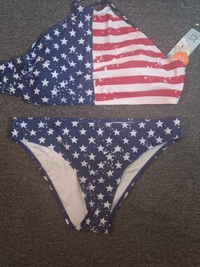 Women’s Stars & Stripes Bikini Top and Bottom - Blue/Red Tags Attached No Liner